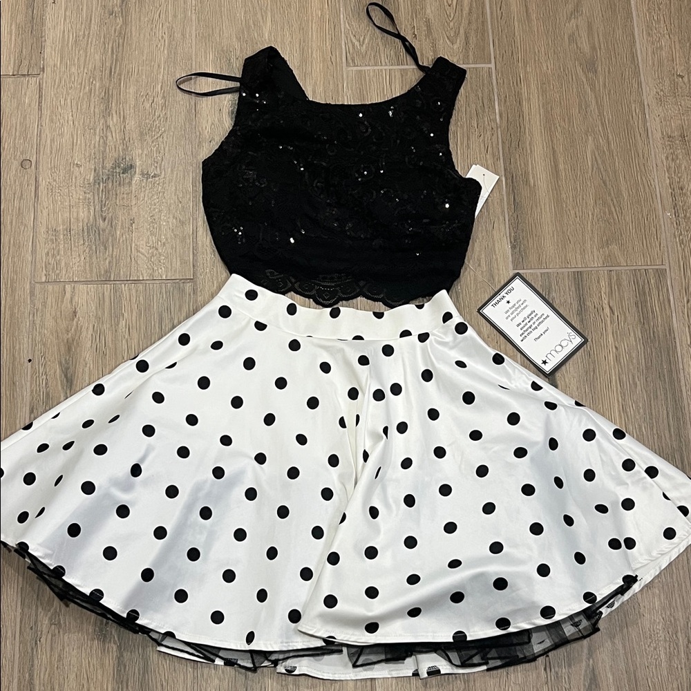 Formal Dress Black Sequin Top White Polka Dot Skater Skirt Hoco Two Piece Party - Picture 7 of 16